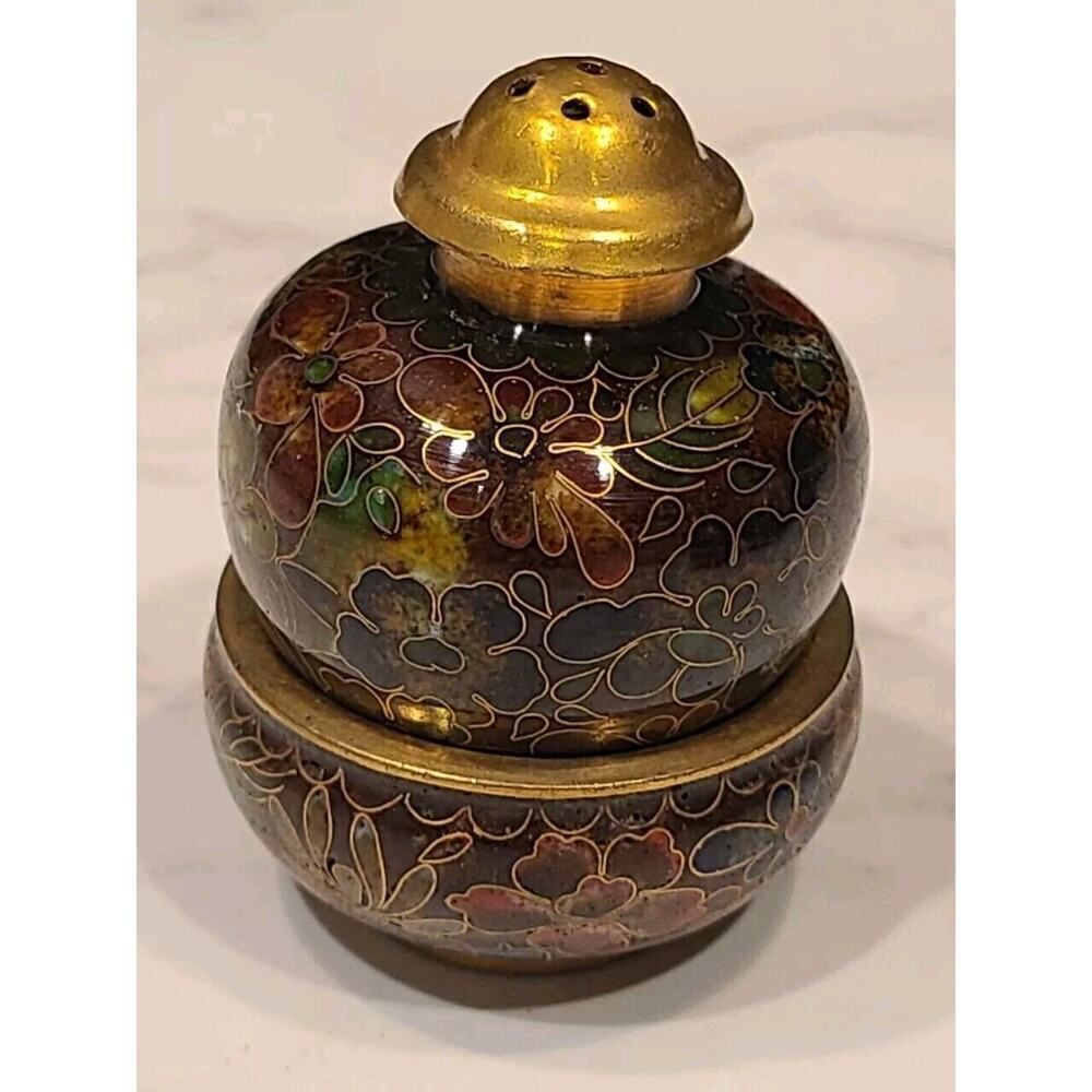 Cloisonné Open Salt Bowl Cellar Pepper Shaker Brown Flower Enamel Brass Stacking